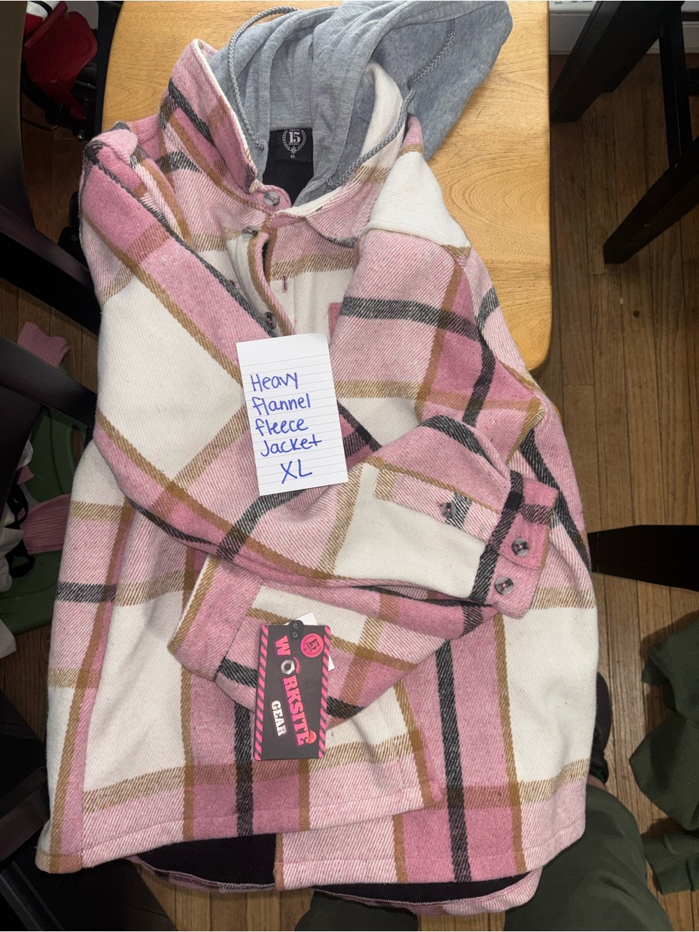 Pink and Cream Plaid Flannel Fleece Jacket with Hood